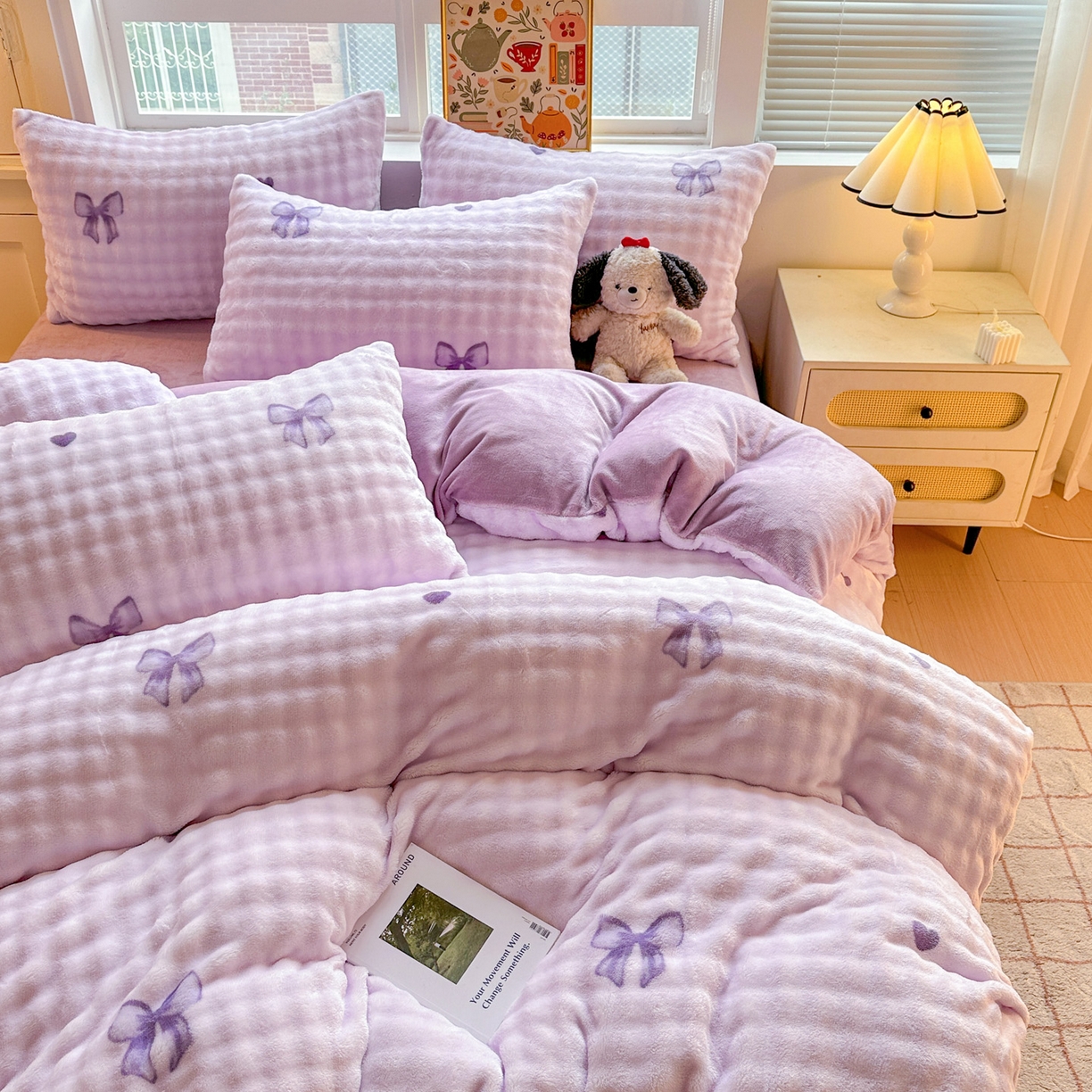 91家纺网 家纺一手货源 找家纺 N先生+V 13814689556 发大图/买家秀 2025新款260克高克重泡泡绒牛奶绒四件套 蝴蝶结紫