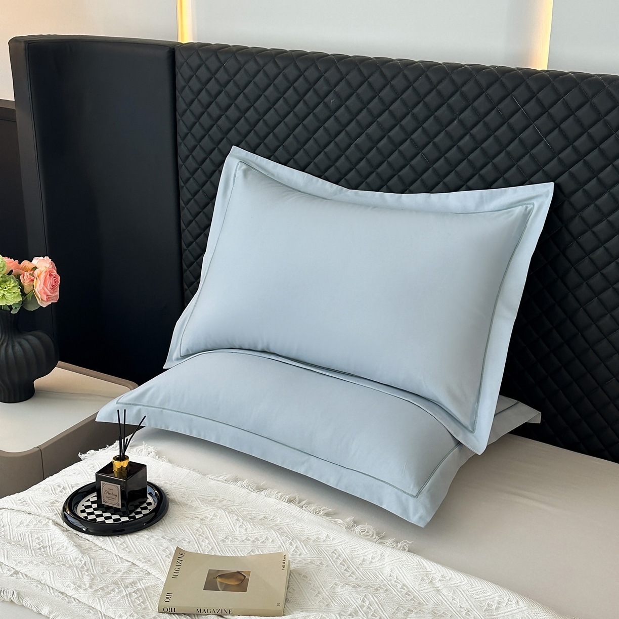 宝时兰 2025新款加厚100%全棉枕套单品磨毛纯棉单件（带一字绣工艺） 晴山蓝