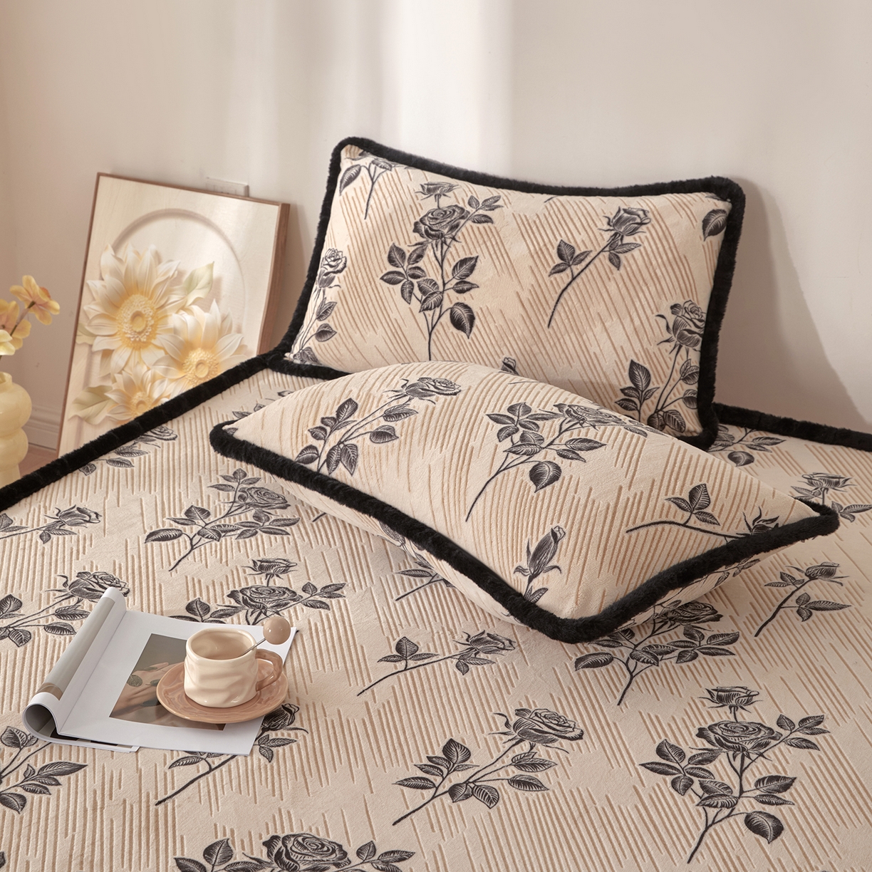 91家纺网 家纺一手货源 找家纺 绒城 2025新款高克重雕花牛奶绒单床笠床笠单件 玫瑰