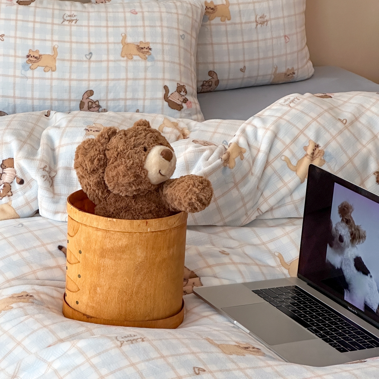 91家纺网 家纺一手货源 找家纺 时光里 2025新款230克全消光印花10色专版花型四件套 线团小咪