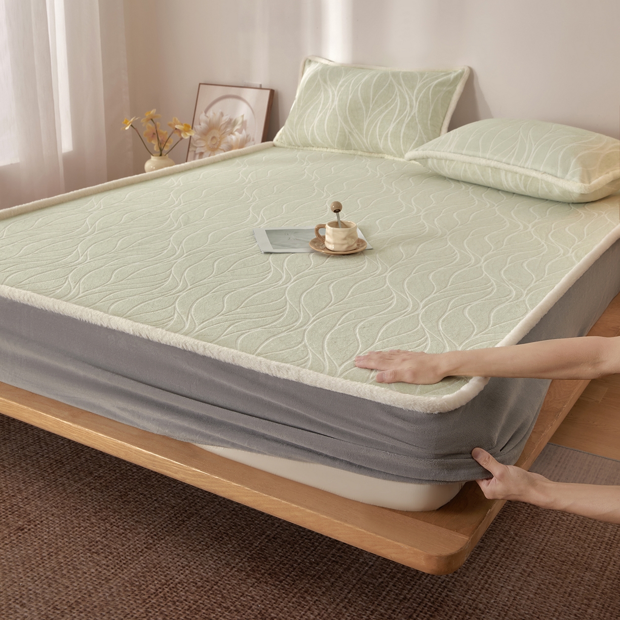 绒城 2025新款高克重雕花牛奶绒单床笠床笠单件 曲线