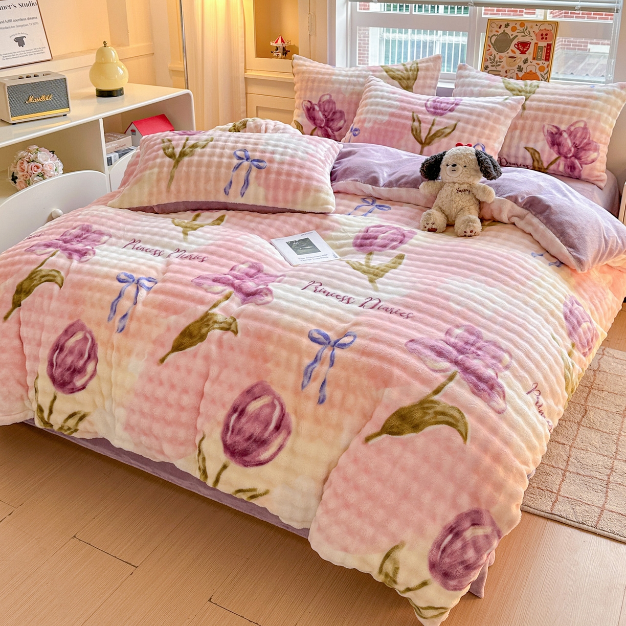 91家纺网 家纺一手货源 找家纺 N先生+V 13814689556 发大图/买家秀 2025新款260克高克重泡泡绒牛奶绒四件套 漫漫花香