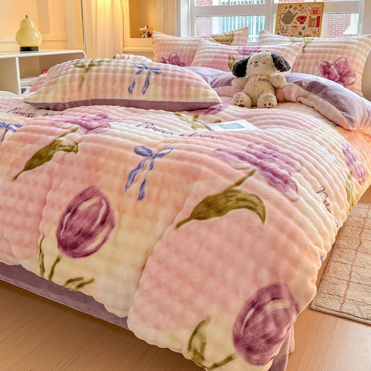 91家纺网 家纺一手货源 找家纺 N先生+V 13814689556 发大图/买家秀 2025新款260克高克重泡泡绒牛奶绒四件套 漫漫花香