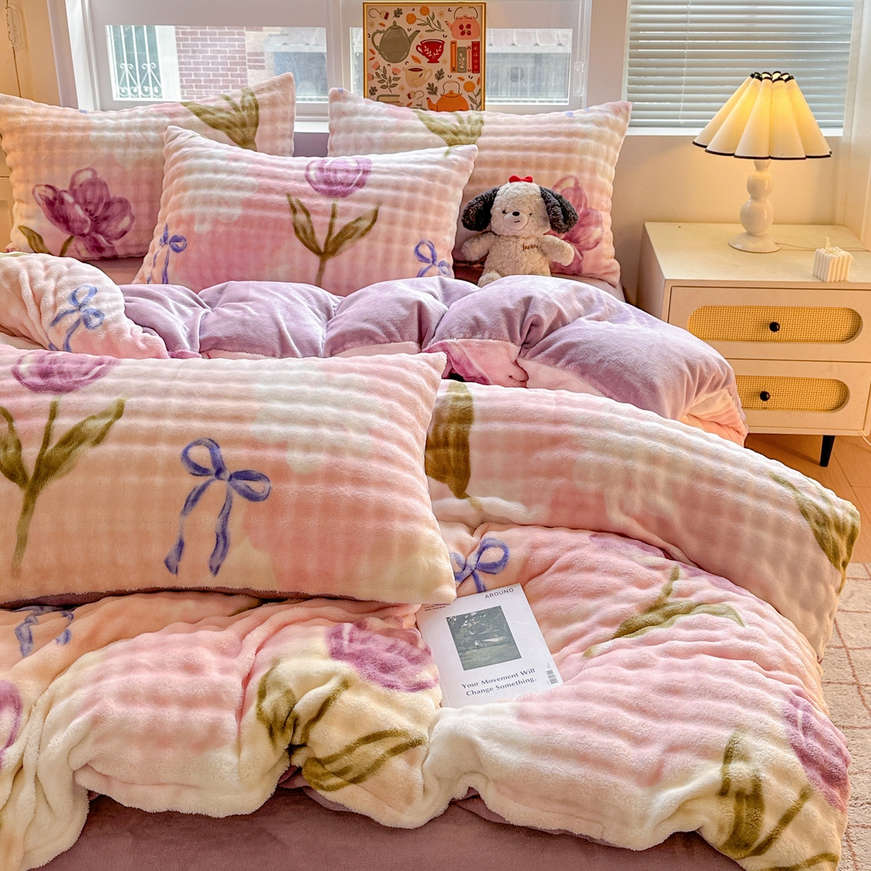 91家纺网 家纺一手货源 找家纺 N先生+V 13814689556 发大图/买家秀 2025新款260克高克重泡泡绒牛奶绒四件套 漫漫花香