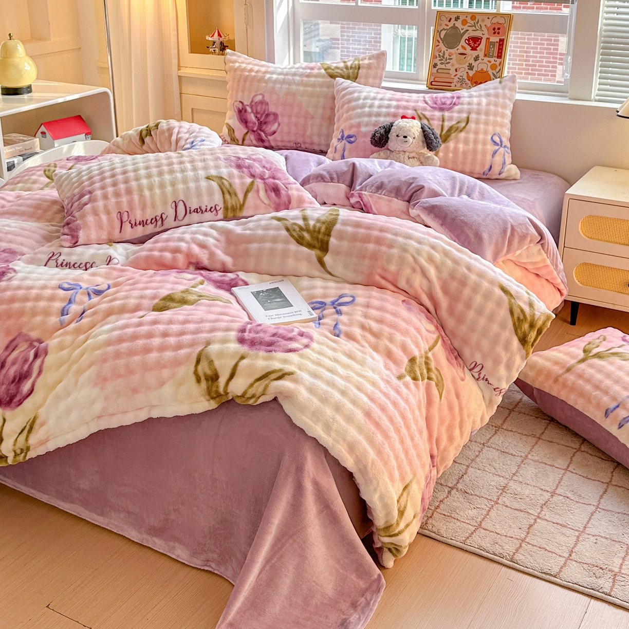 91家纺网 家纺一手货源 找家纺 N先生+V 13814689556 发大图/买家秀 2025新款260克高克重泡泡绒牛奶绒四件套 漫漫花香