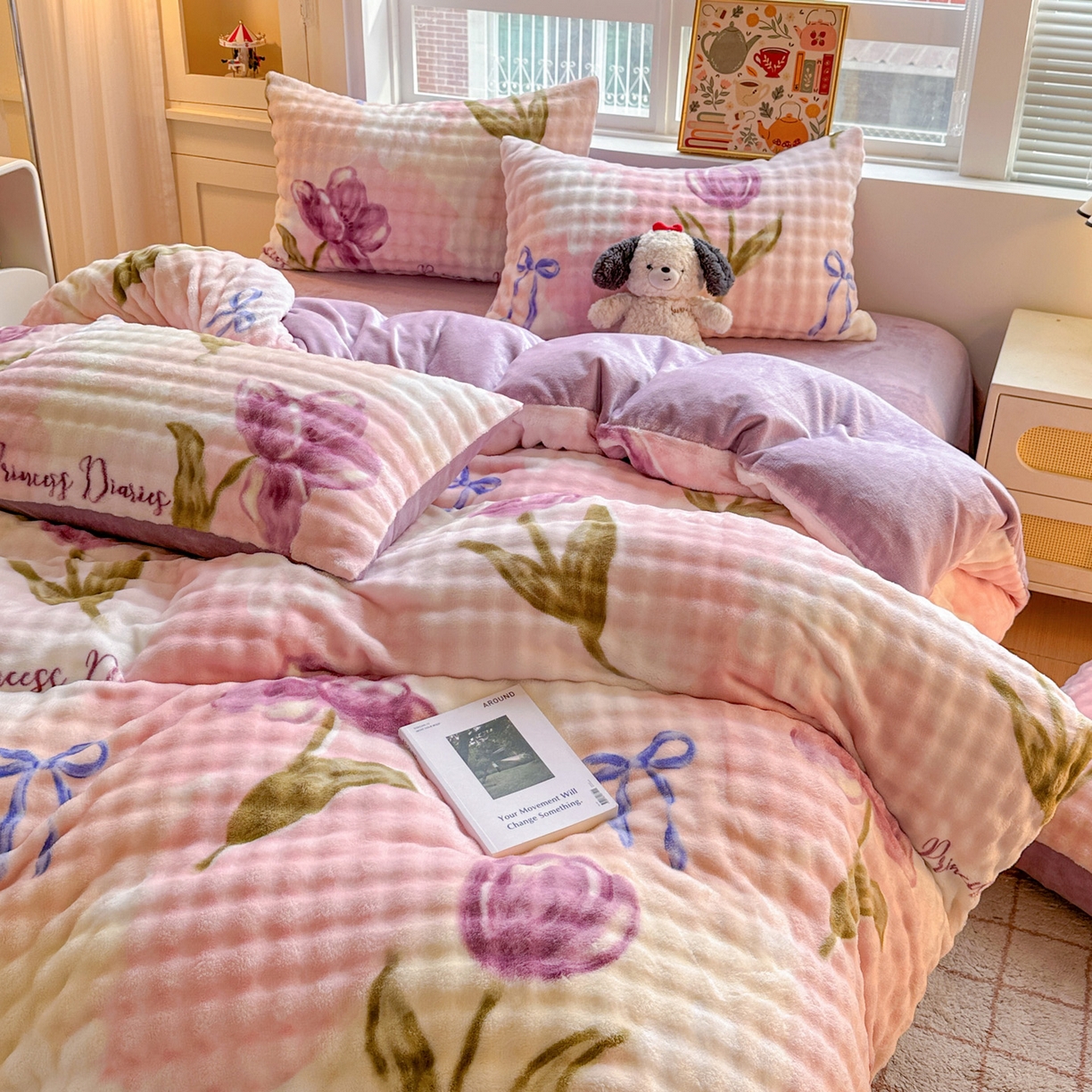 91家纺网 家纺一手货源 找家纺 N先生+V 13814689556 发大图/买家秀 2025新款260克高克重泡泡绒牛奶绒四件套 漫漫花香