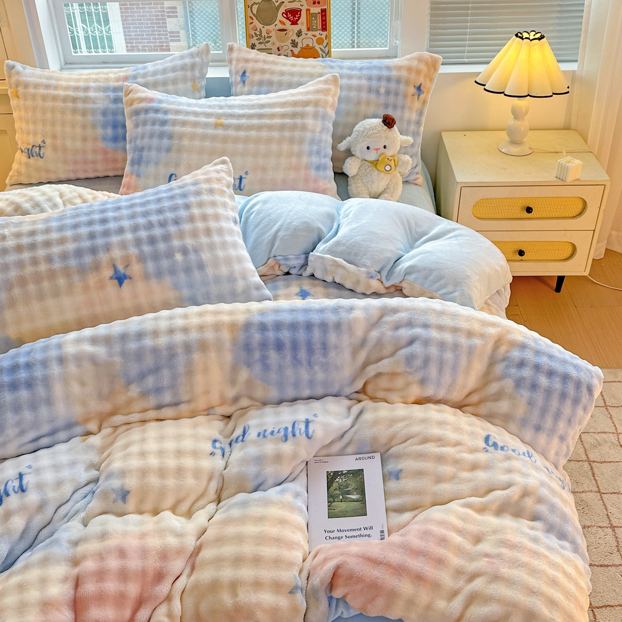 91家纺网 家纺一手货源 找家纺 N先生+V 13814689556 发大图/买家秀 2025新款260克高克重泡泡绒牛奶绒四件套 美梦星空