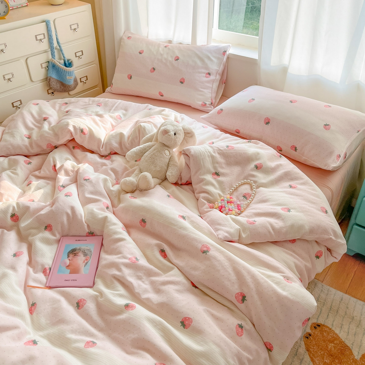 91家纺网 家纺一手货源 找家纺 仟网汇 2025新款全棉纯棉层纱四件套 草莓