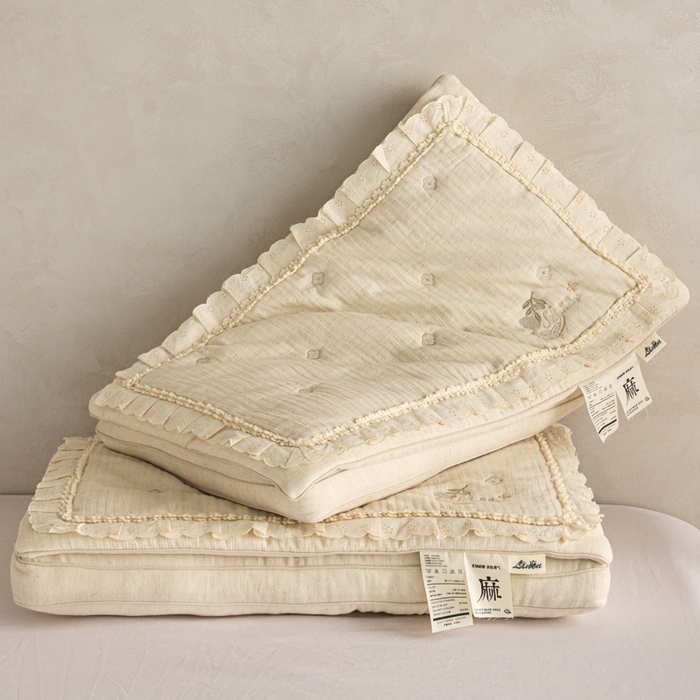（总）昕科 2025新款双层可拆花边棉麻蚕丝枕-二合一可拆蚕丝棉麻枕头棉麻成人枕芯