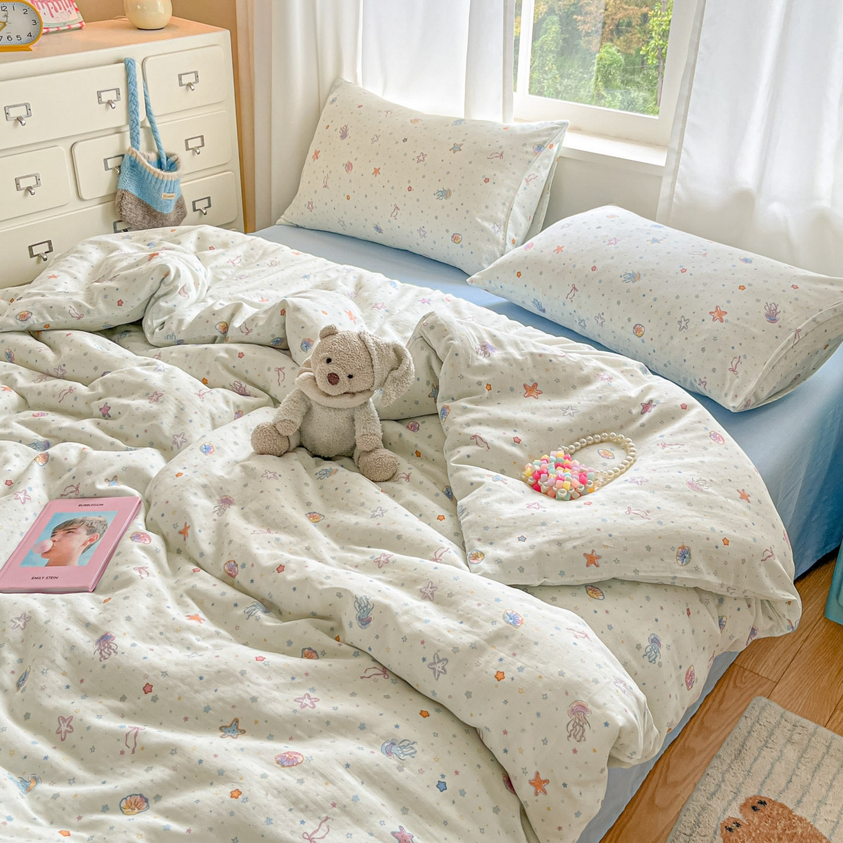 91家纺网 家纺一手货源 找家纺 仟网汇 2025新款全棉纯棉层纱四件套 海底世界