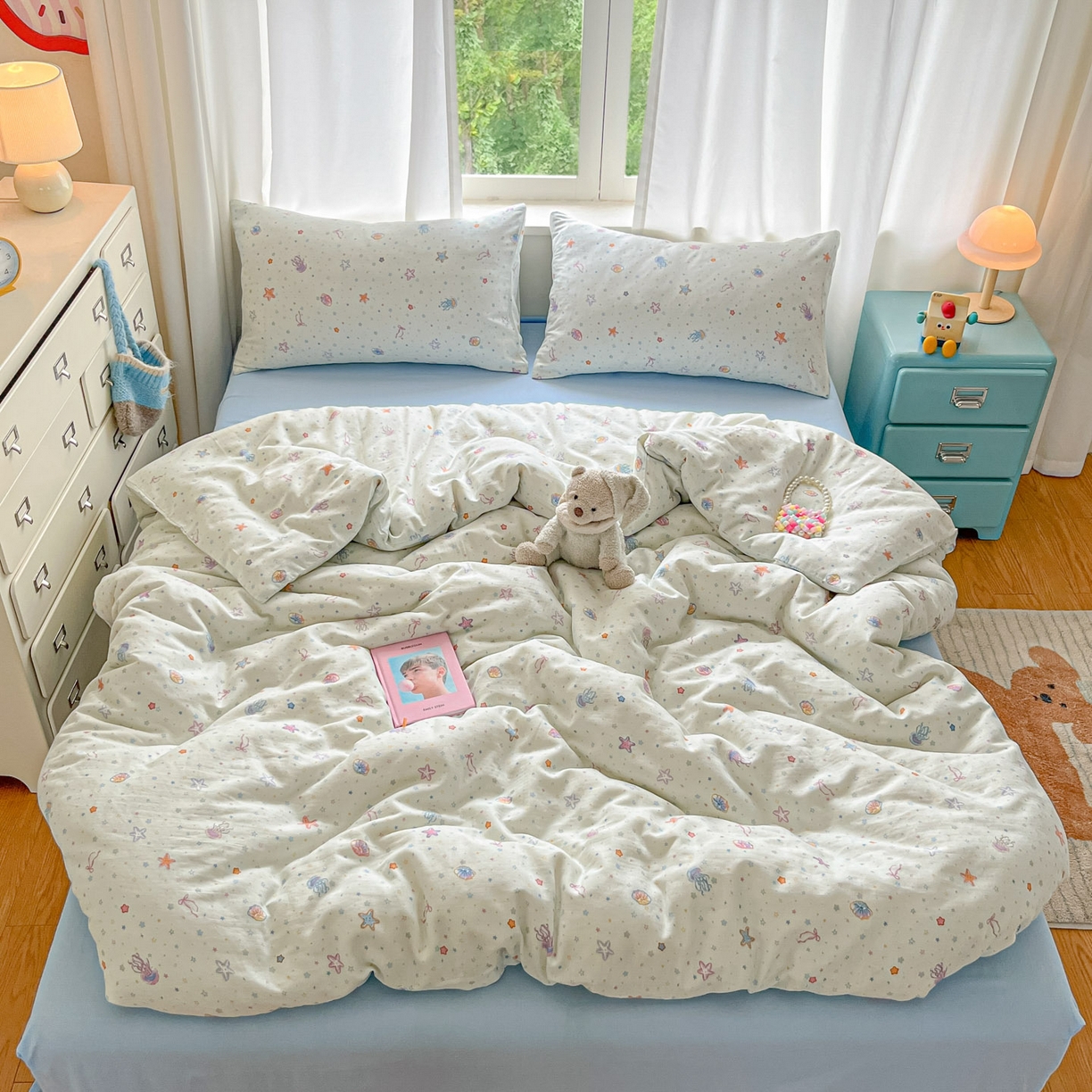 91家纺网 家纺一手货源 找家纺 仟网汇 2025新款全棉纯棉层纱四件套 海底世界