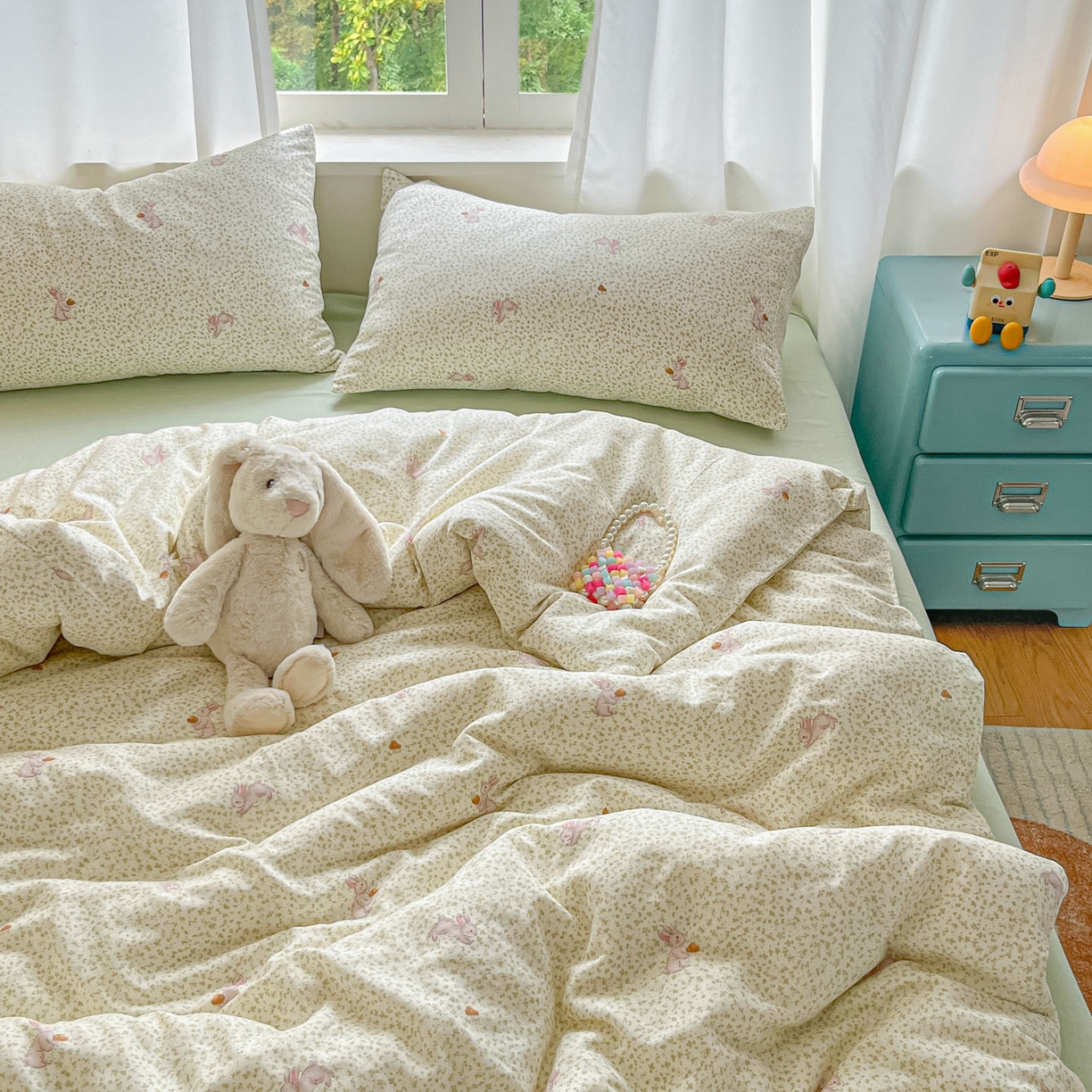 91家纺网 家纺一手货源 找家纺 仟网汇 2025新款全棉纯棉层纱四件套 花枝兔