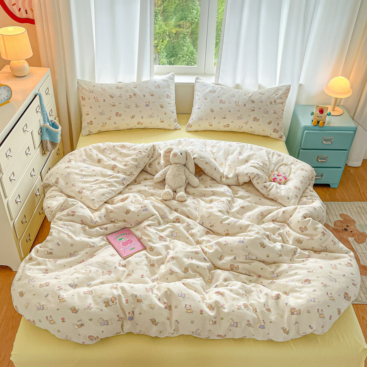 91家纺网 家纺一手货源 找家纺 仟网汇 2025新款全棉纯棉层纱四件套 欢喜萌宠