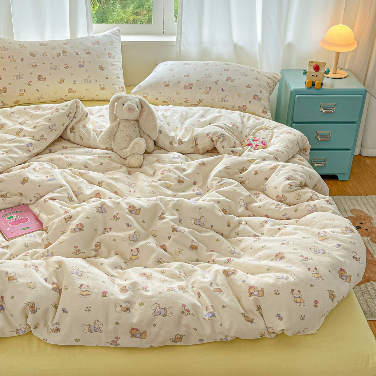 91家纺网 家纺一手货源 找家纺 仟网汇 2025新款全棉纯棉层纱四件套 欢喜萌宠