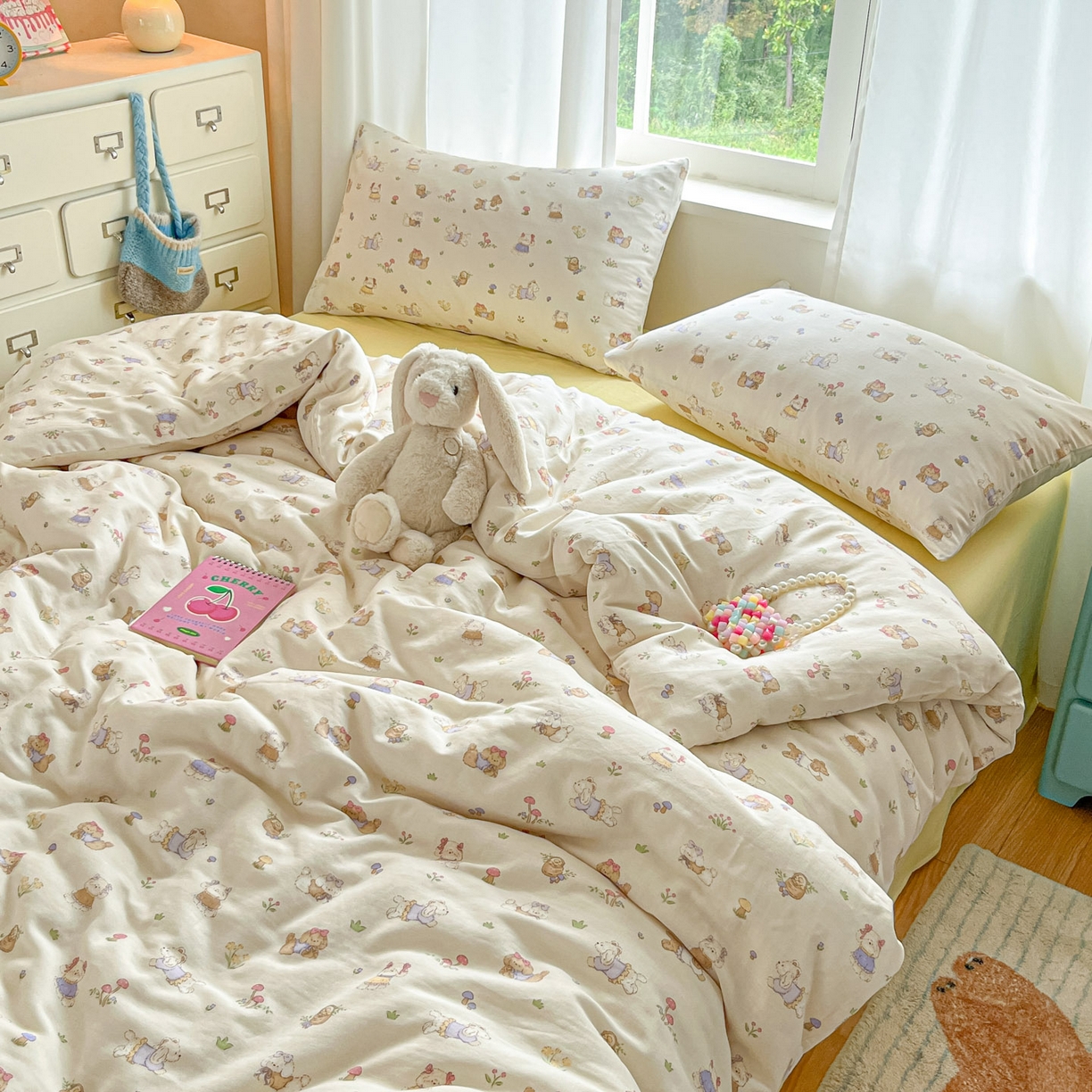 91家纺网 家纺一手货源 找家纺 仟网汇 2025新款全棉纯棉层纱四件套 欢喜萌宠