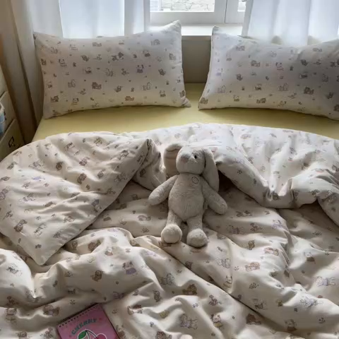 91家纺网 家纺一手货源 找家纺 仟网汇 2025新款全棉纯棉层纱四件套 欢喜萌宠