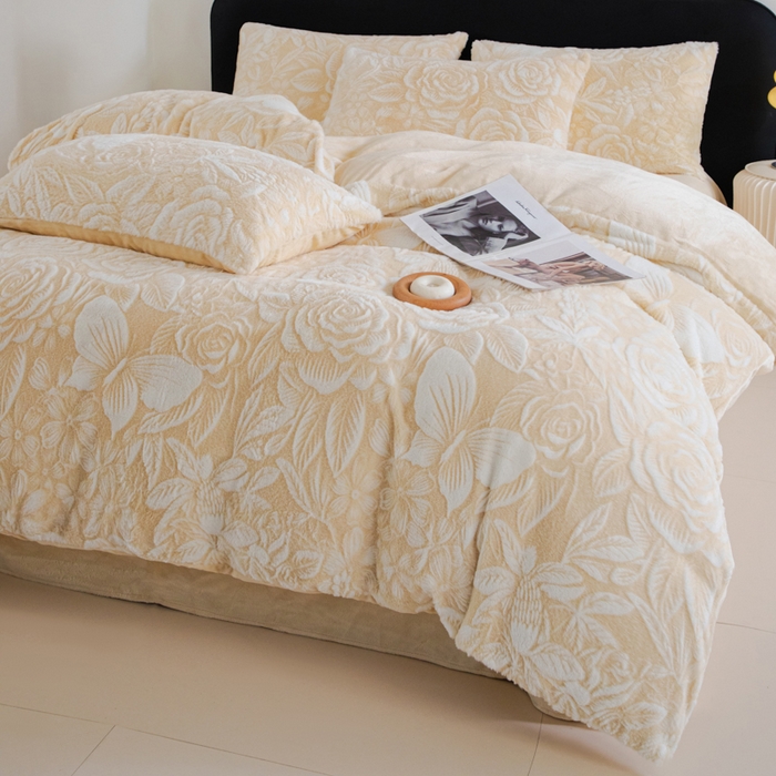 91家纺网 家纺一手货源 找家纺 诺梵家纺 2025新款立体兔毛烂花四件套 蝶梦-黄