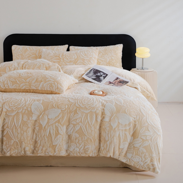 91家纺网 家纺一手货源 找家纺 诺梵家纺 2025新款立体兔毛烂花四件套 蝶梦-黄