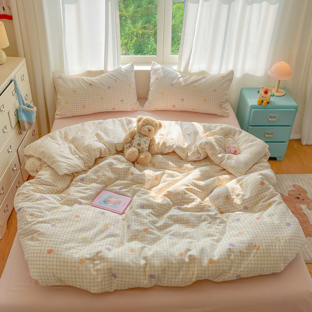 91家纺网 家纺一手货源 找家纺 仟网汇 2025新款全棉纯棉层纱四件套 南瓜派