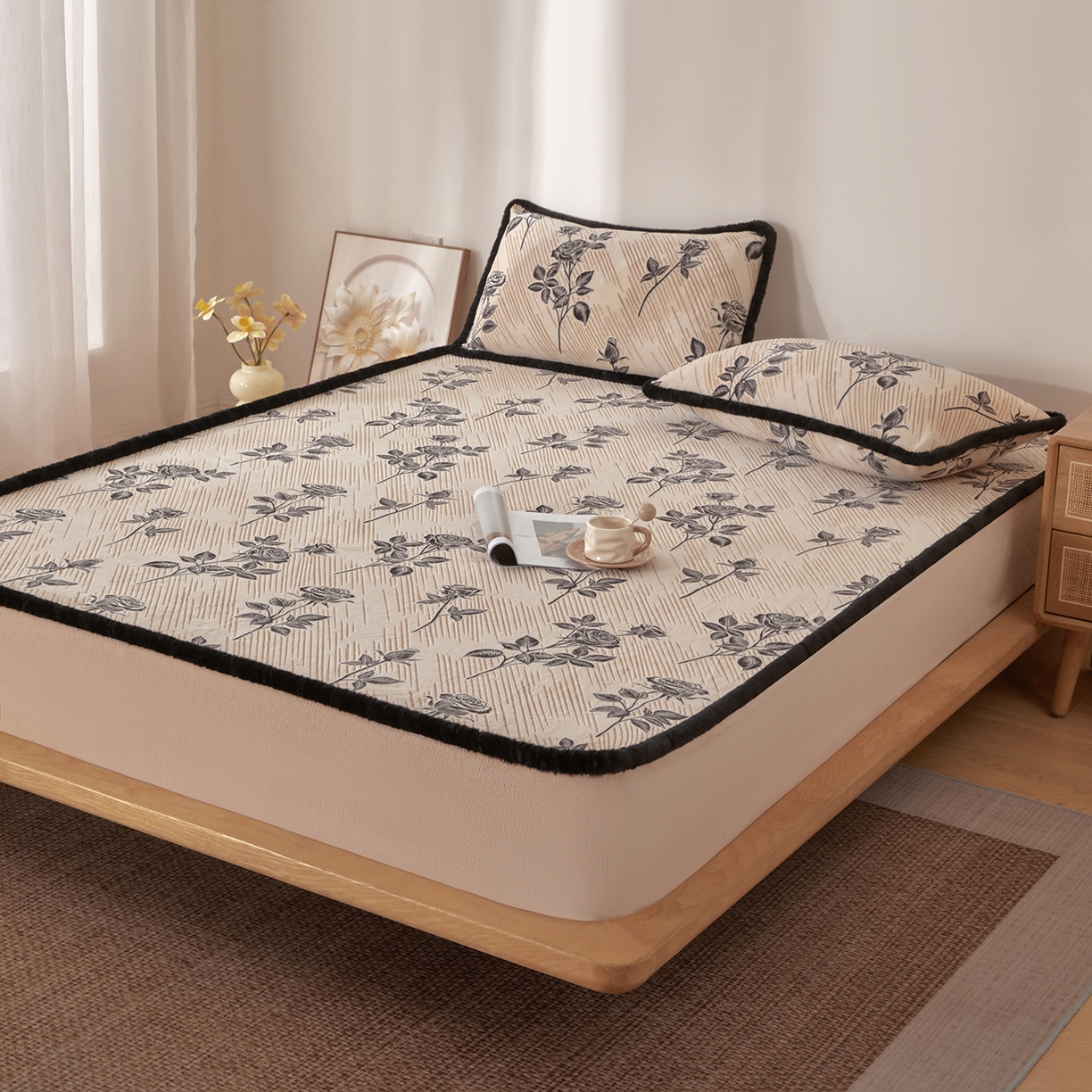 91家纺网 家纺一手货源 找家纺 吾秀家居 2025新款高克重雕花牛奶绒单床笠床笠单件 玫瑰