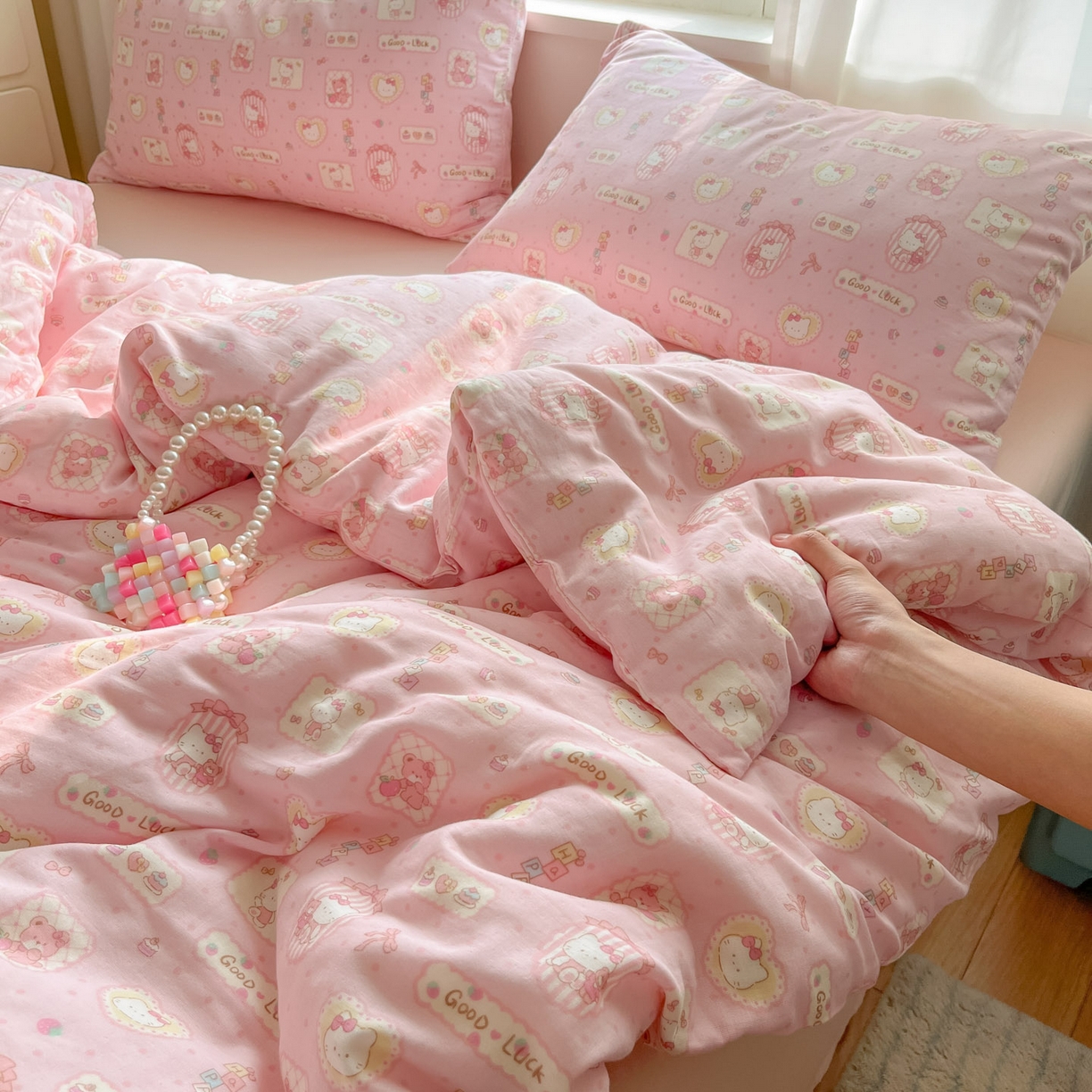 91家纺网 家纺一手货源 找家纺 仟网汇 2025新款全棉纯棉层纱四件套 幸运喵