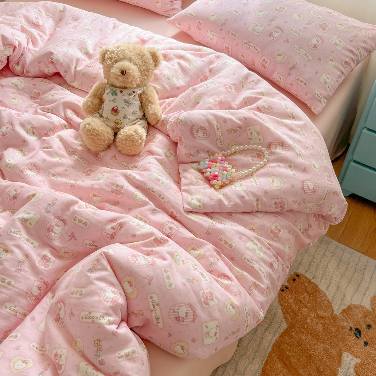 91家纺网 家纺一手货源 找家纺 仟网汇 2025新款全棉纯棉层纱四件套 幸运喵