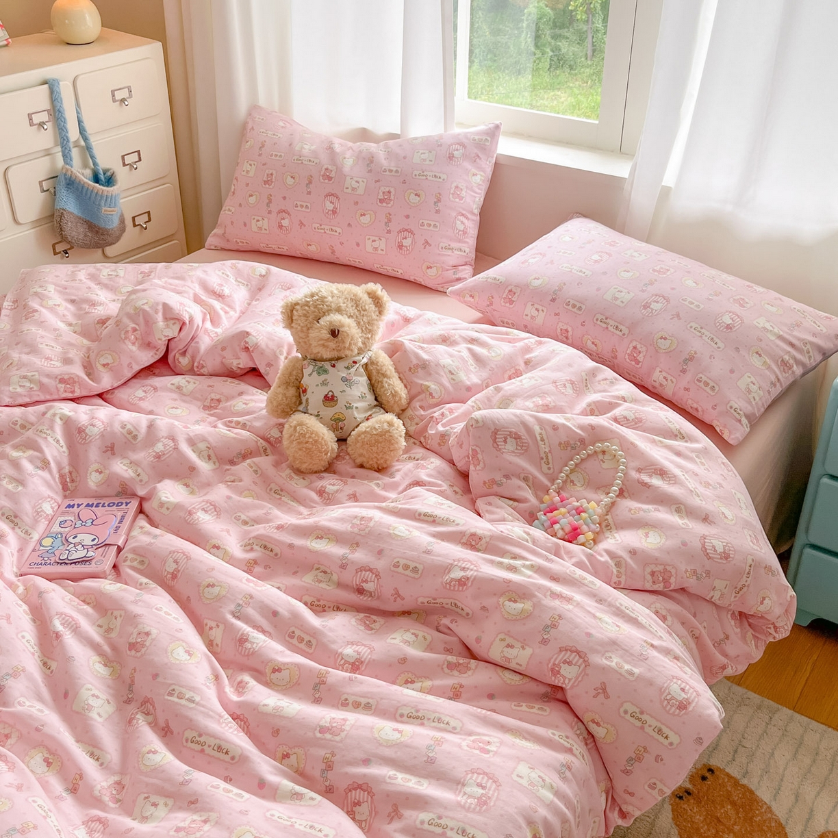 91家纺网 家纺一手货源 找家纺 仟网汇 2025新款全棉纯棉层纱四件套 幸运喵