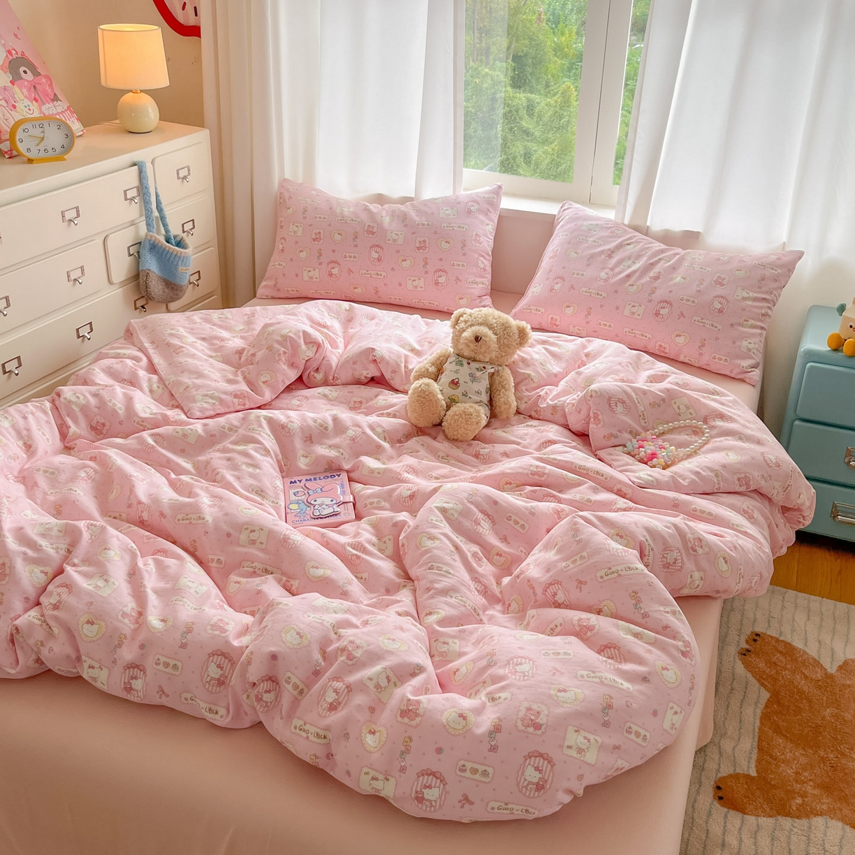 91家纺网 家纺一手货源 找家纺 仟网汇 2025新款全棉纯棉层纱四件套 幸运喵