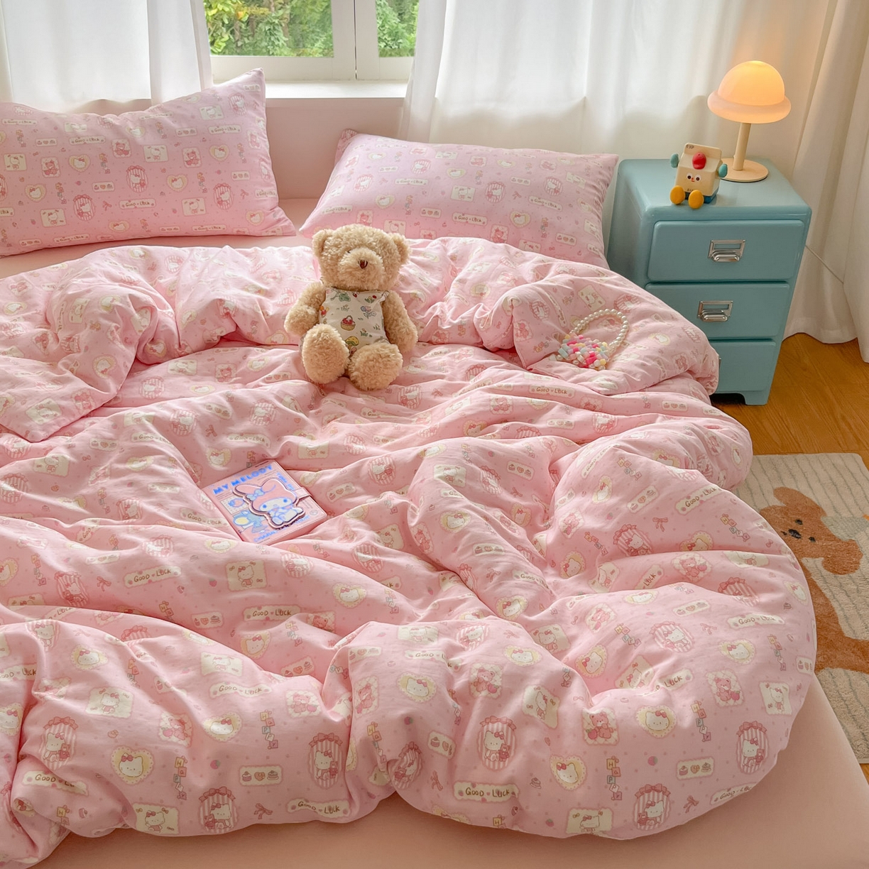 91家纺网 家纺一手货源 找家纺 仟网汇 2025新款全棉纯棉层纱四件套 幸运喵