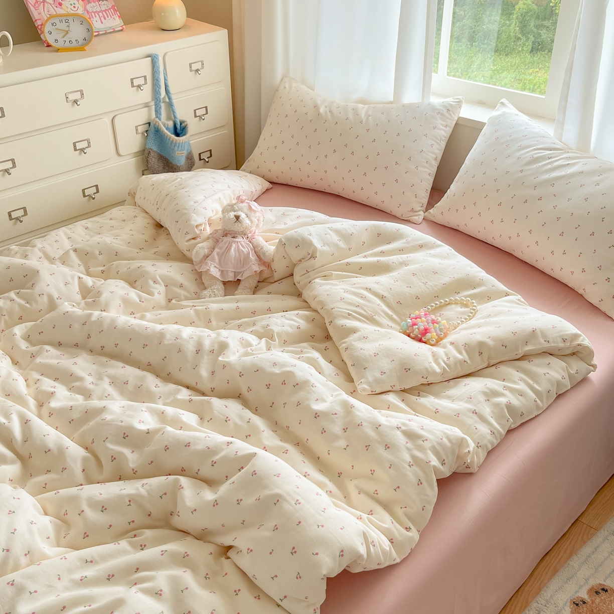 91家纺网 家纺一手货源 找家纺 仟网汇 2025新款全棉纯棉层纱四件套 樱桃丸子