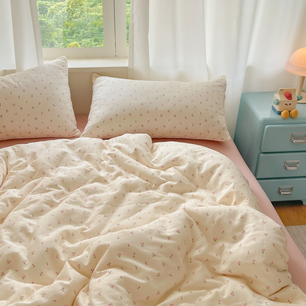 91家纺网 家纺一手货源 找家纺 仟网汇 2025新款全棉纯棉层纱四件套 樱桃丸子