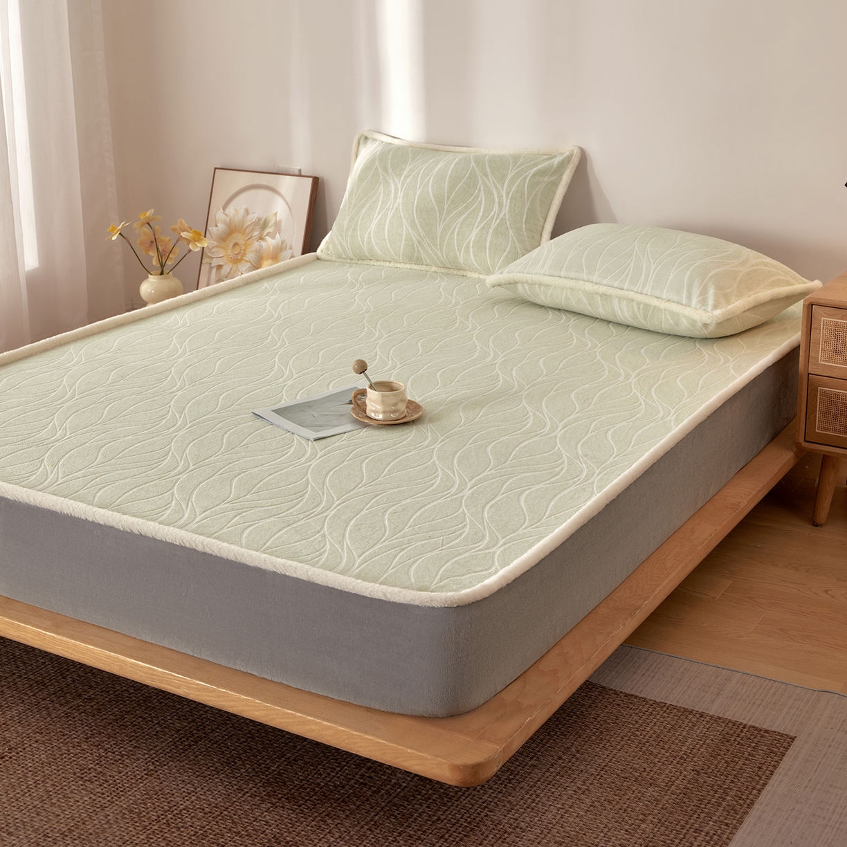 91家纺网 家纺一手货源 找家纺 吾秀家居 2025新款高克重雕花牛奶绒单床笠床笠单件 曲线