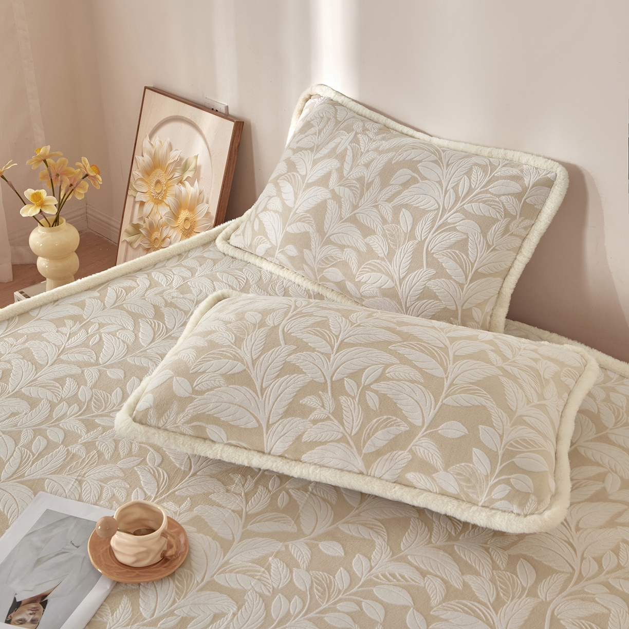 91家纺网 家纺一手货源 找家纺 吾秀家居 2025新款高克重雕花牛奶绒单床笠床笠单件 叶繁