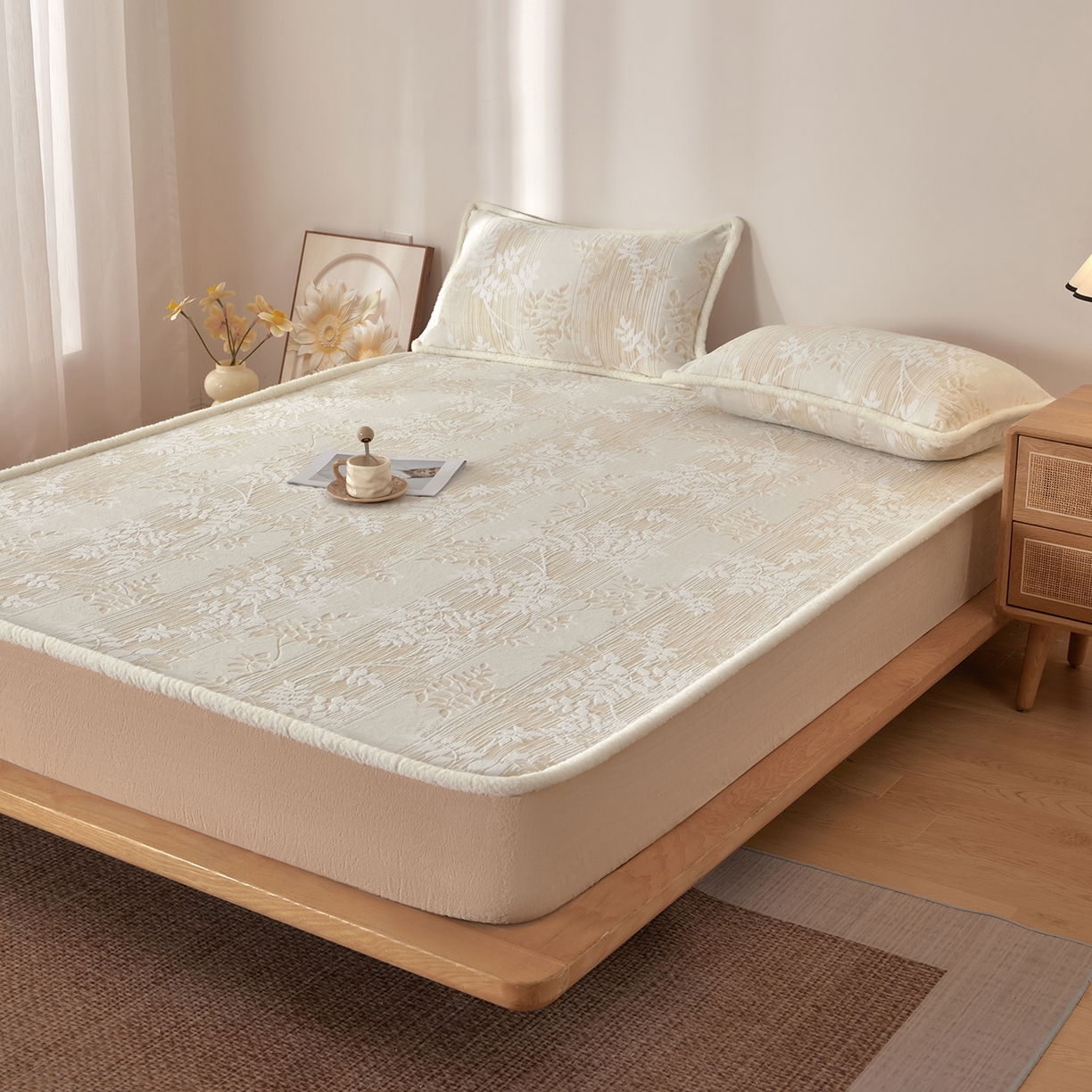 91家纺网 家纺一手货源 找家纺 吾秀家居 2025新款高克重雕花牛奶绒单床笠床笠单件 花织