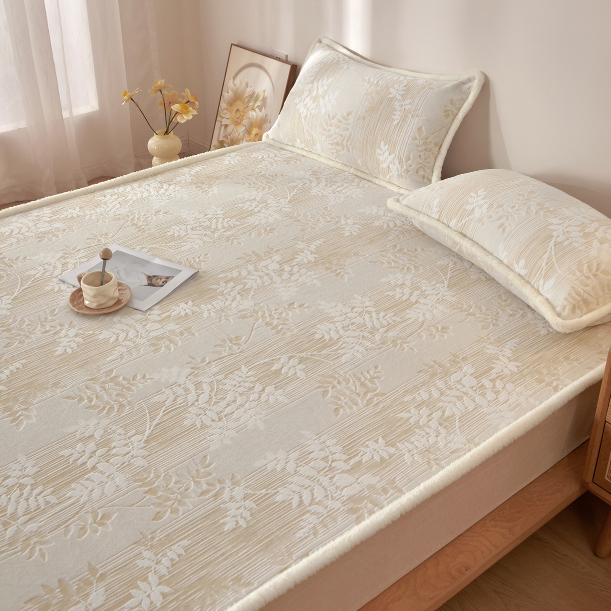 91家纺网 家纺一手货源 找家纺 吾秀家居 2025新款高克重雕花牛奶绒单床笠床笠单件 花织