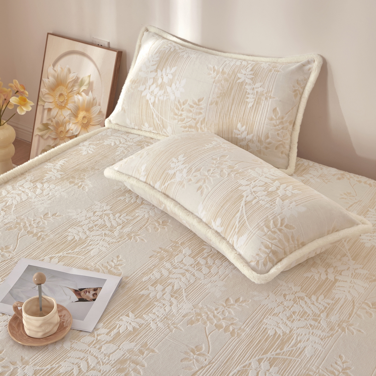 91家纺网 家纺一手货源 找家纺 吾秀家居 2025新款高克重雕花牛奶绒单床笠床笠单件 花织