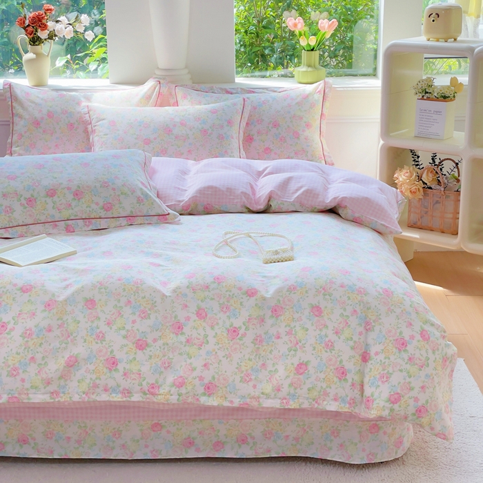 小叮当家纺仓储工厂店 2025新款直播爆款全棉纯棉四件套吊边一字绣工艺款四件套 嫣然花期-粉