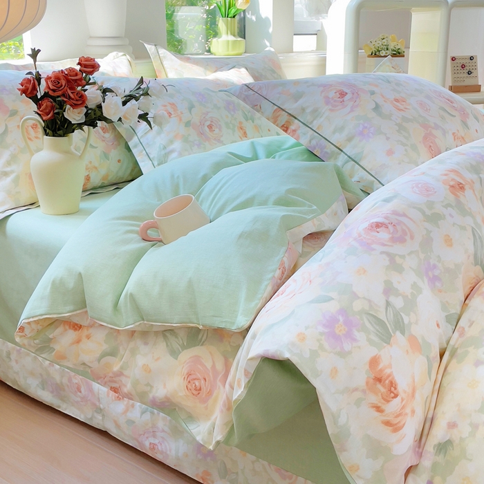 91家纺网 家纺一手货源 找家纺 小叮当家纺仓储工厂店 2025新款直播爆款全棉纯棉四件套吊边一字绣工艺款四件套 春有花赏