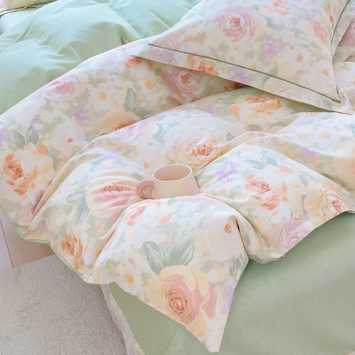 91家纺网 家纺一手货源 找家纺 小叮当家纺仓储工厂店 2025新款直播爆款全棉纯棉四件套吊边一字绣工艺款四件套 春有花赏