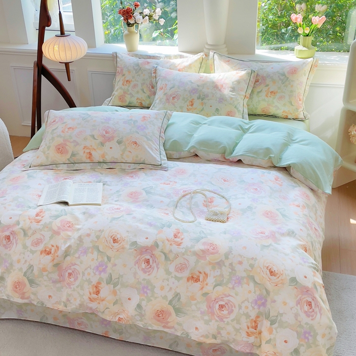 91家纺网 家纺一手货源 找家纺 小叮当家纺仓储工厂店 2025新款直播爆款全棉纯棉四件套吊边一字绣工艺款四件套 春有花赏