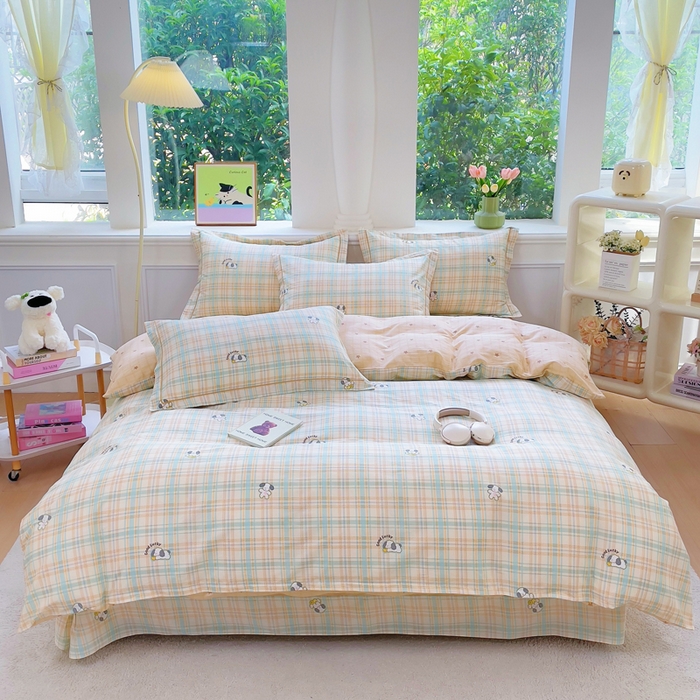 91家纺网 家纺一手货源 找家纺 小叮当家纺仓储工厂店 2025新款直播爆款全棉纯棉四件套吊边一字绣工艺款四件套 格诺狗