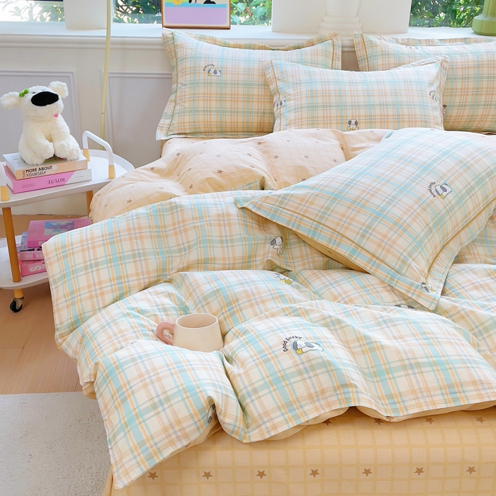 91家纺网 家纺一手货源 找家纺 小叮当家纺仓储工厂店 2025新款直播爆款全棉纯棉四件套吊边一字绣工艺款四件套 格诺狗