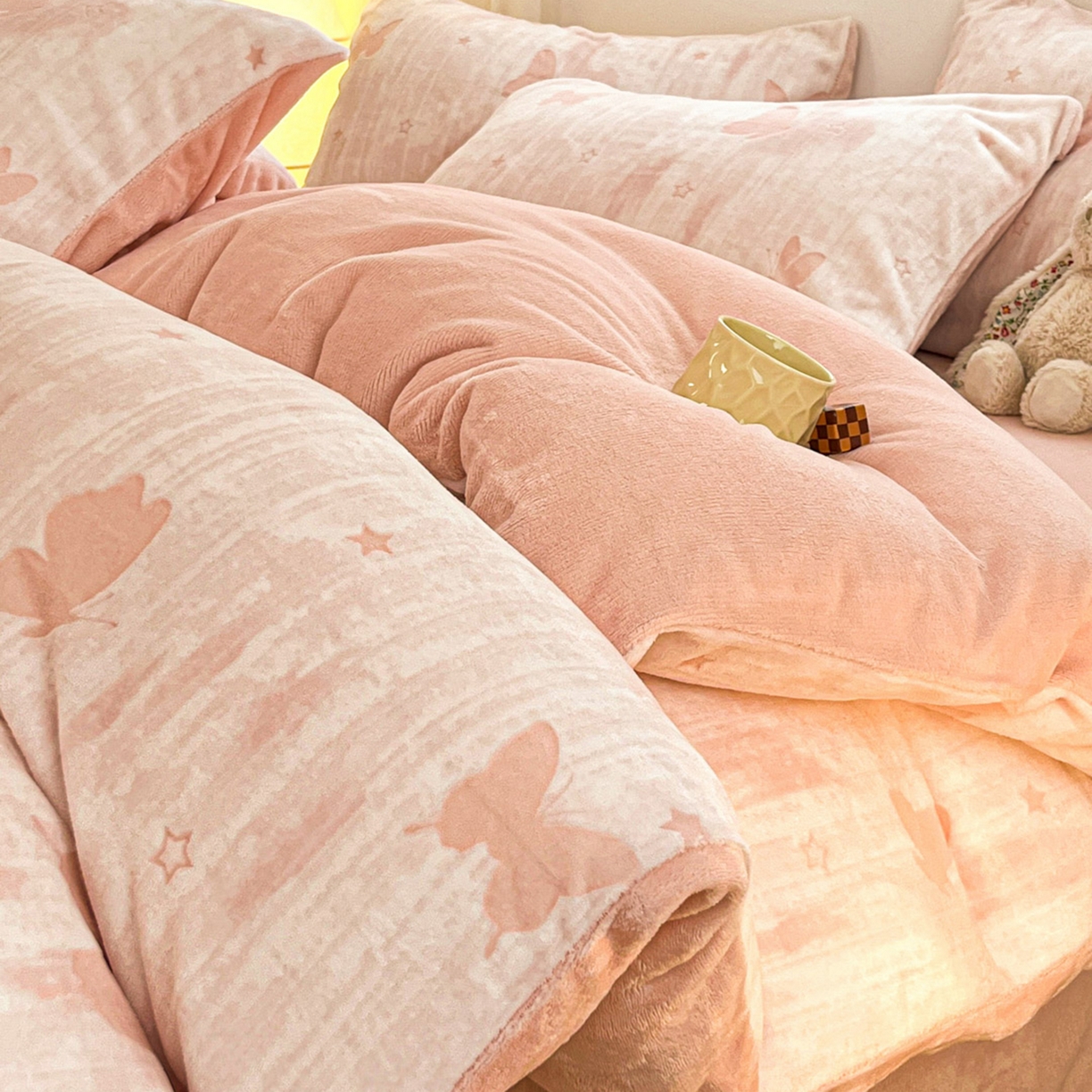 沐慕 2025新款A类220g加厚烂花牛奶绒B类200g牛奶绒四件套 雾蝶梦粉