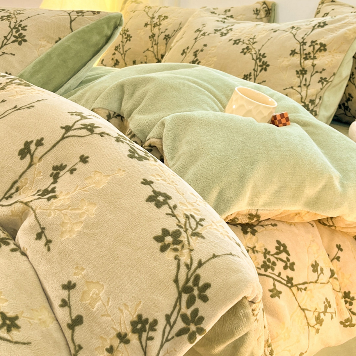 沐慕 2025新款A类220g加厚烂花牛奶绒B类200g牛奶绒四件套 山茶花语绿