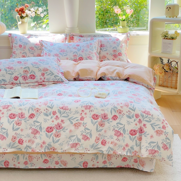 小叮当家纺仓储工厂店 2025新款直播爆款全棉纯棉四件套吊边一字绣工艺款四件套 琉璃花影