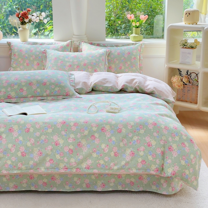 小叮当家纺仓储工厂店 2025新款直播爆款全棉纯棉四件套吊边一字绣工艺款四件套 嫣然花期-绿