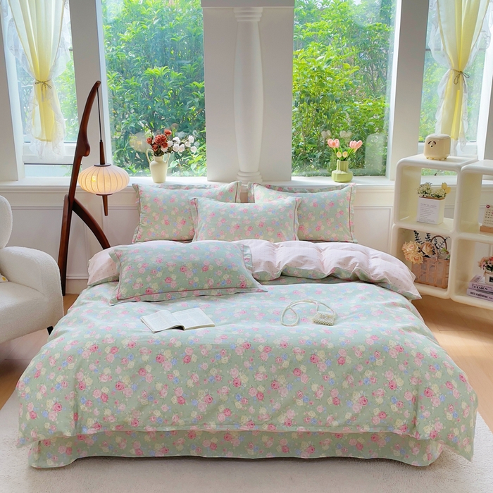 91家纺网 家纺一手货源 找家纺 小叮当家纺仓储工厂店 2025新款直播爆款全棉纯棉四件套吊边一字绣工艺款四件套 嫣然花期-绿