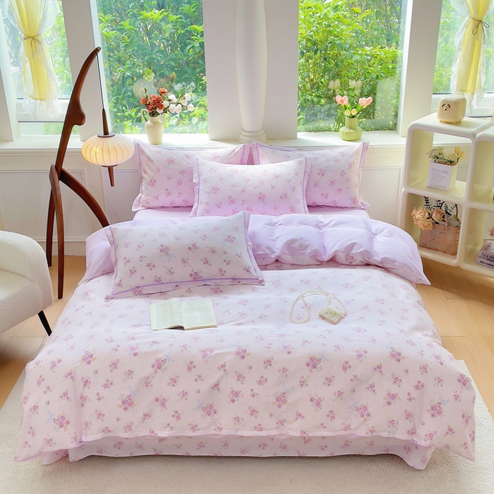 91家纺网 家纺一手货源 找家纺 小叮当家纺仓储工厂店 2025新款直播爆款全棉纯棉四件套吊边一字绣工艺款四件套 紫娅悠然