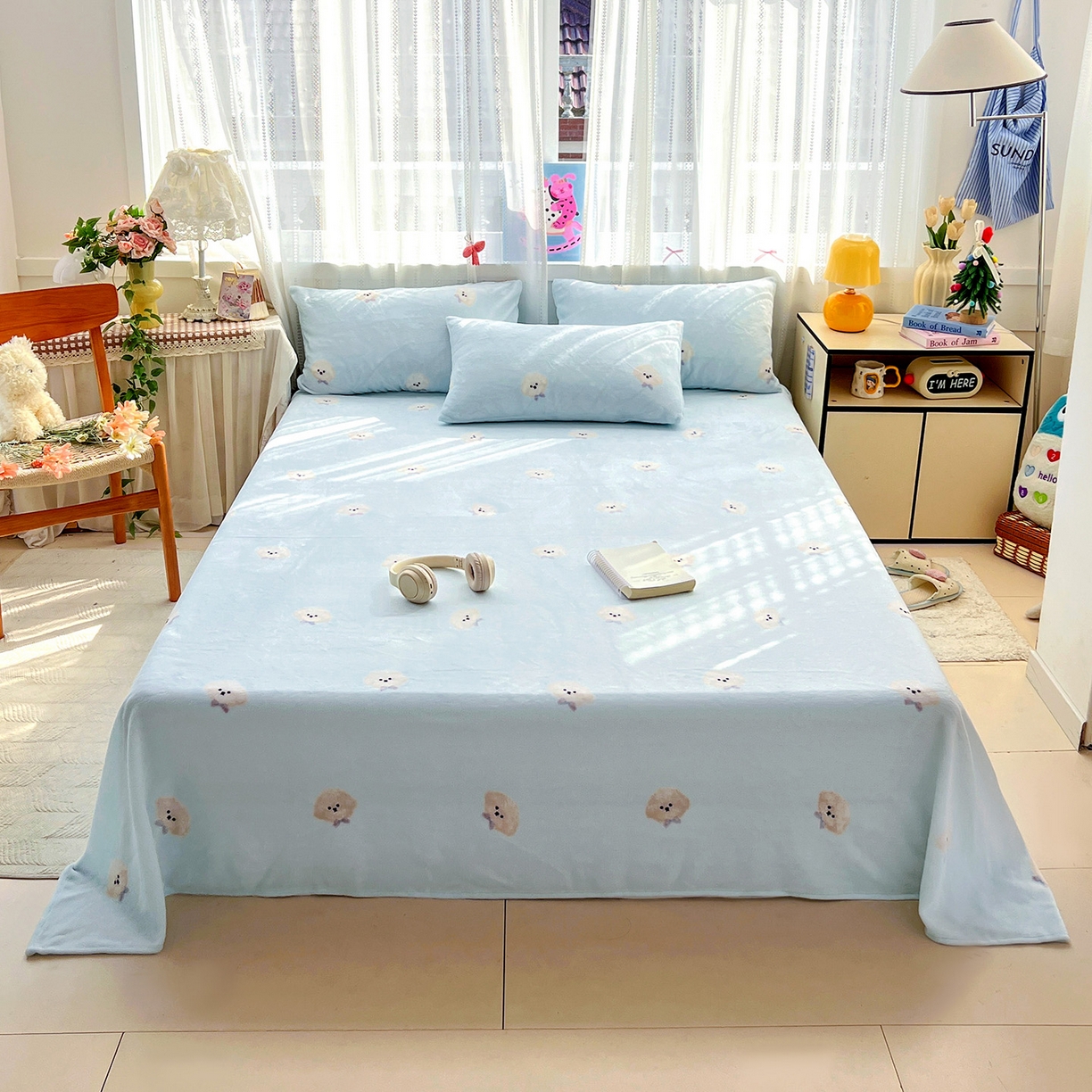 91家纺网 家纺一手货源 找家纺 水木坊 2025新款亲肤舒适牛奶绒印花单件床单 绒绒小狗-蓝