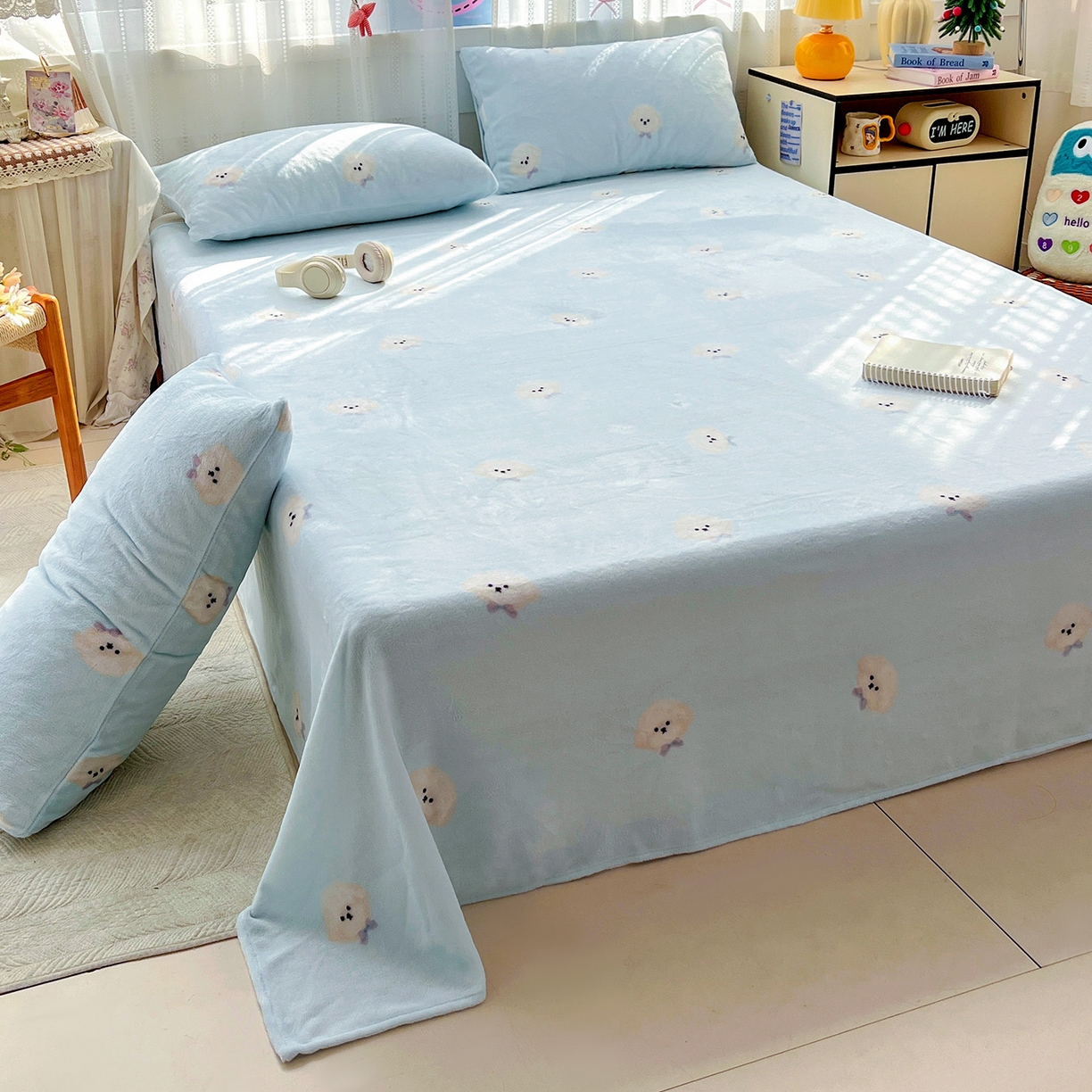91家纺网 家纺一手货源 找家纺 水木坊 2025新款亲肤舒适牛奶绒印花单件床单 绒绒小狗-蓝